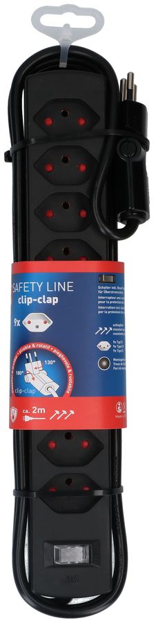 multiprise Safety Line 9x type 13 BS noir interrupteur 2m cli.