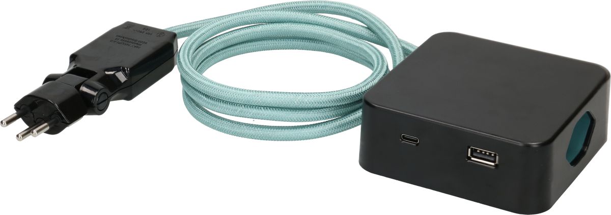 multiprise Cube 3x type 13 noir / turquoise USB 2m clip-clap