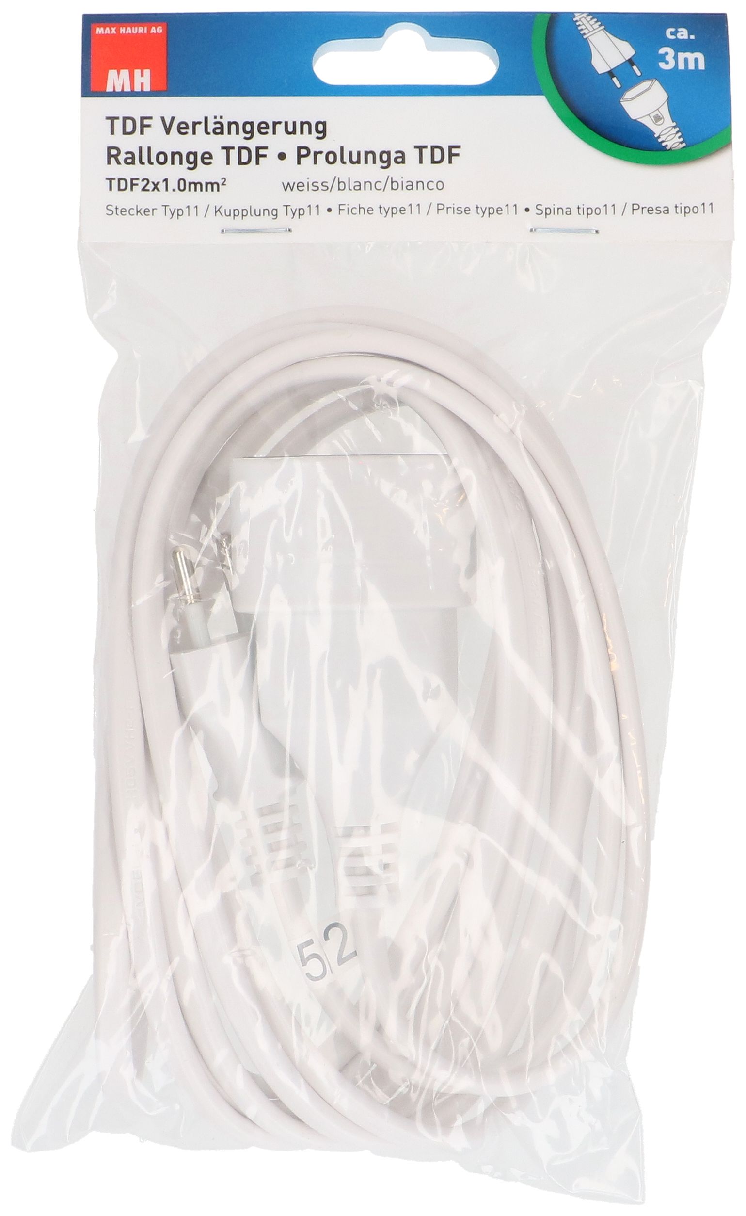Rallonge TDF H05VVH2-F2X1.0 3m blanc BS type 11 / type 11