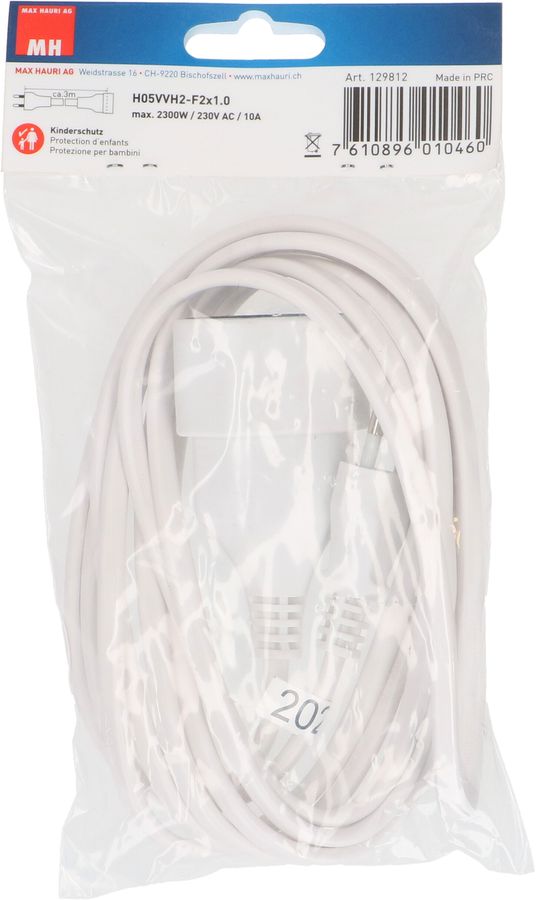 Rallonge TDF H05VVH2-F2X1.0 3m blanc BS type 11 / type 11