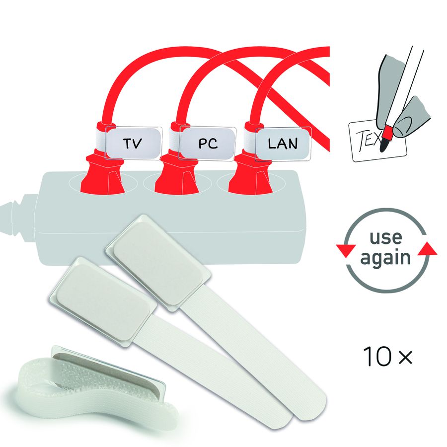 mini attache-câbles en scratch blanc avec étiquette blanc/10 pcs.