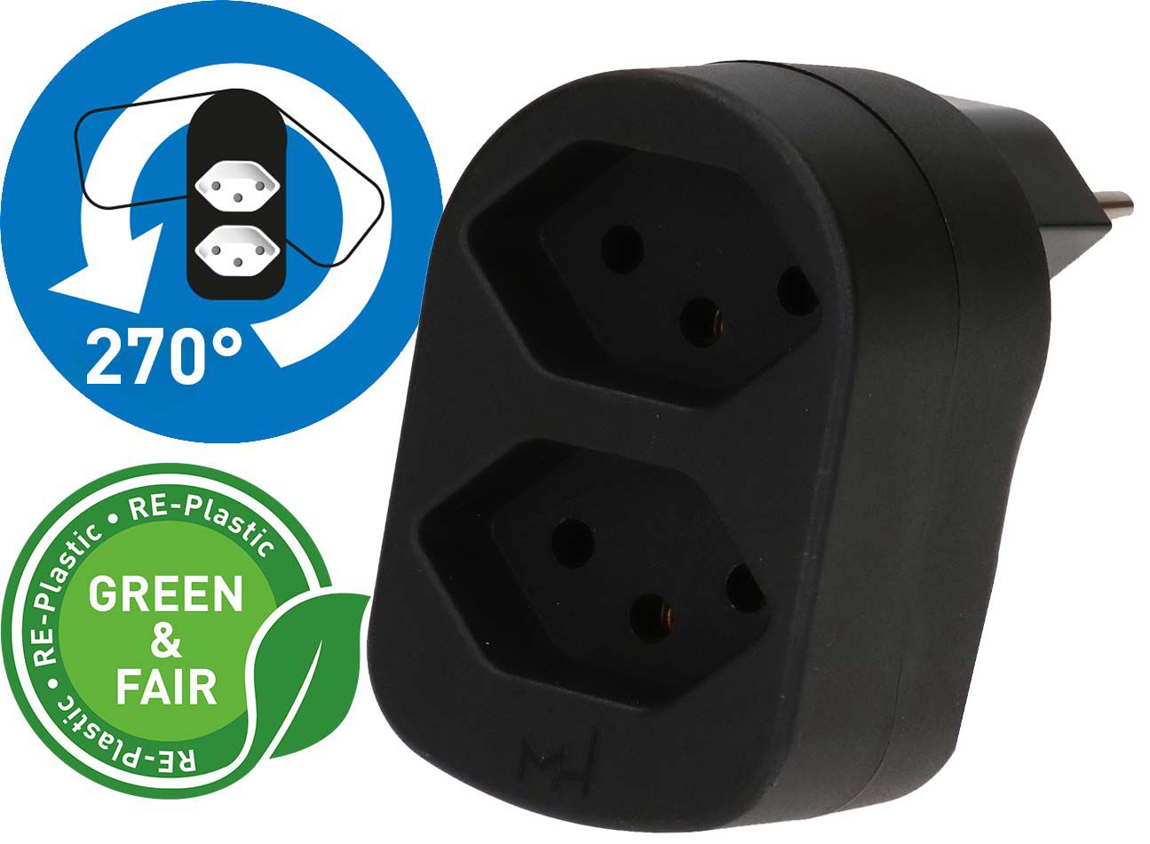 multi adaptateur ADAPT 2x type 13 noir rotatif Green+Fair