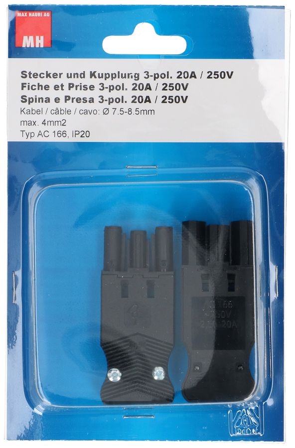 fiche et prise mobile plat 3 pôles 20A/250V IP20