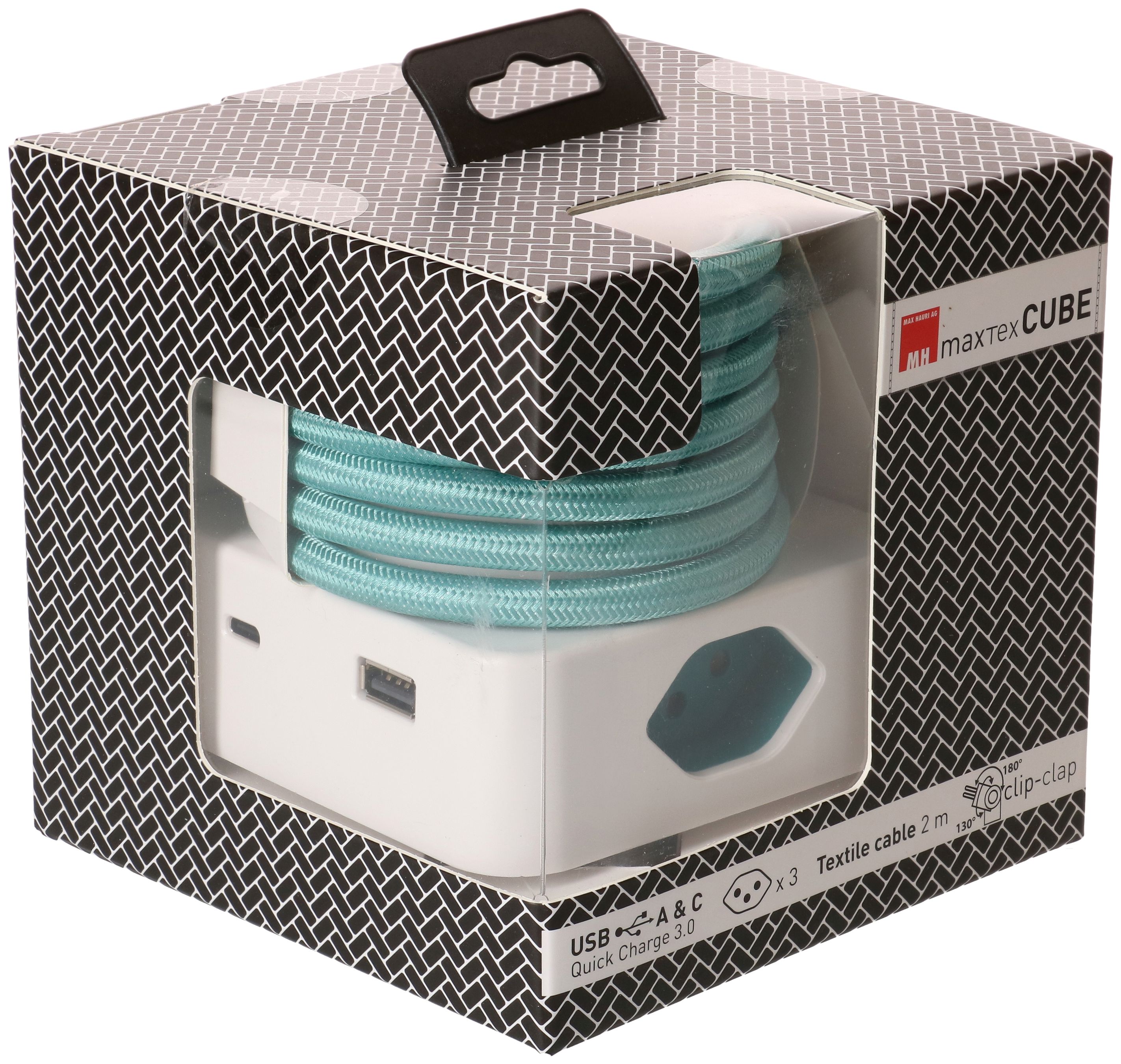 multiprise Cube 3x type 13 blanc / turquoise USB 2m clip-clap