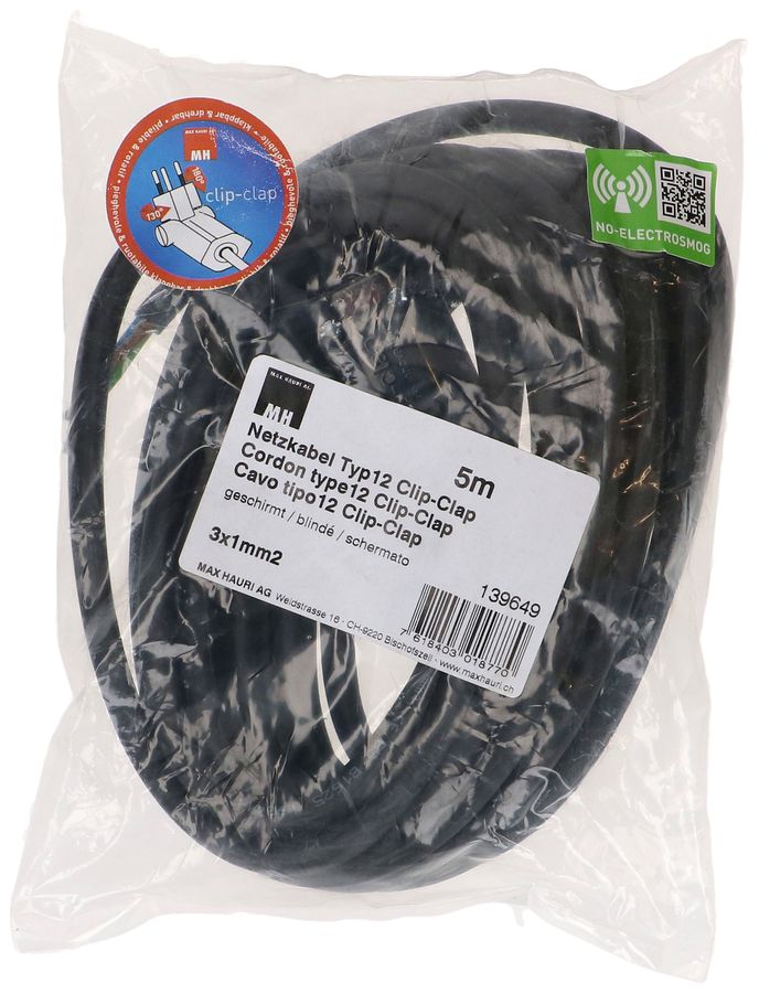 Câble secteur 3G1.0 5m noir blindé avec type 12 clip-clap