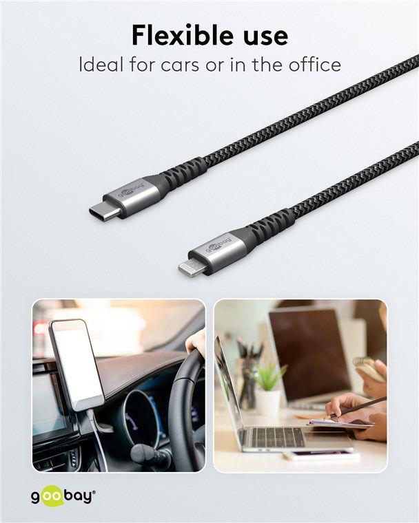 câble de recharge Lightning vers USB-C textile robuste 0.5m noir