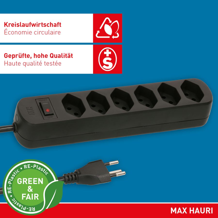 multiprise Basic Line 6x type 13 nr interrupteur 1.5m Green+Fair