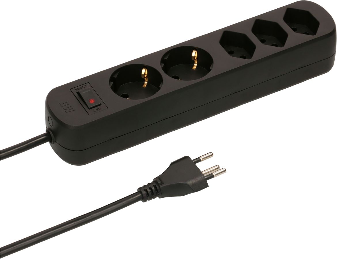multiprise Basic Line 3x Type 13 2x Schuko noir interrupteur 1.5m