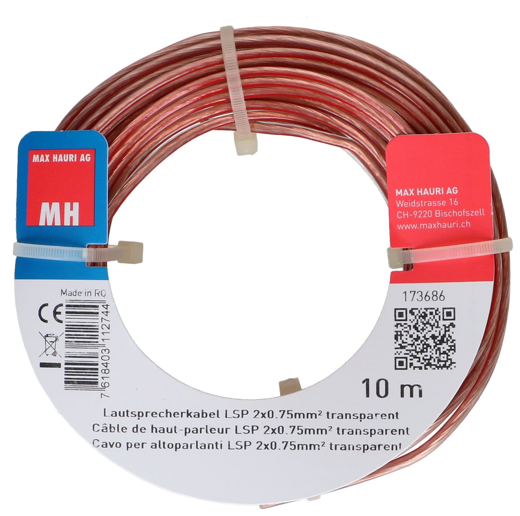 câble de haut-parleur 2x0.75mm² 10m transparent