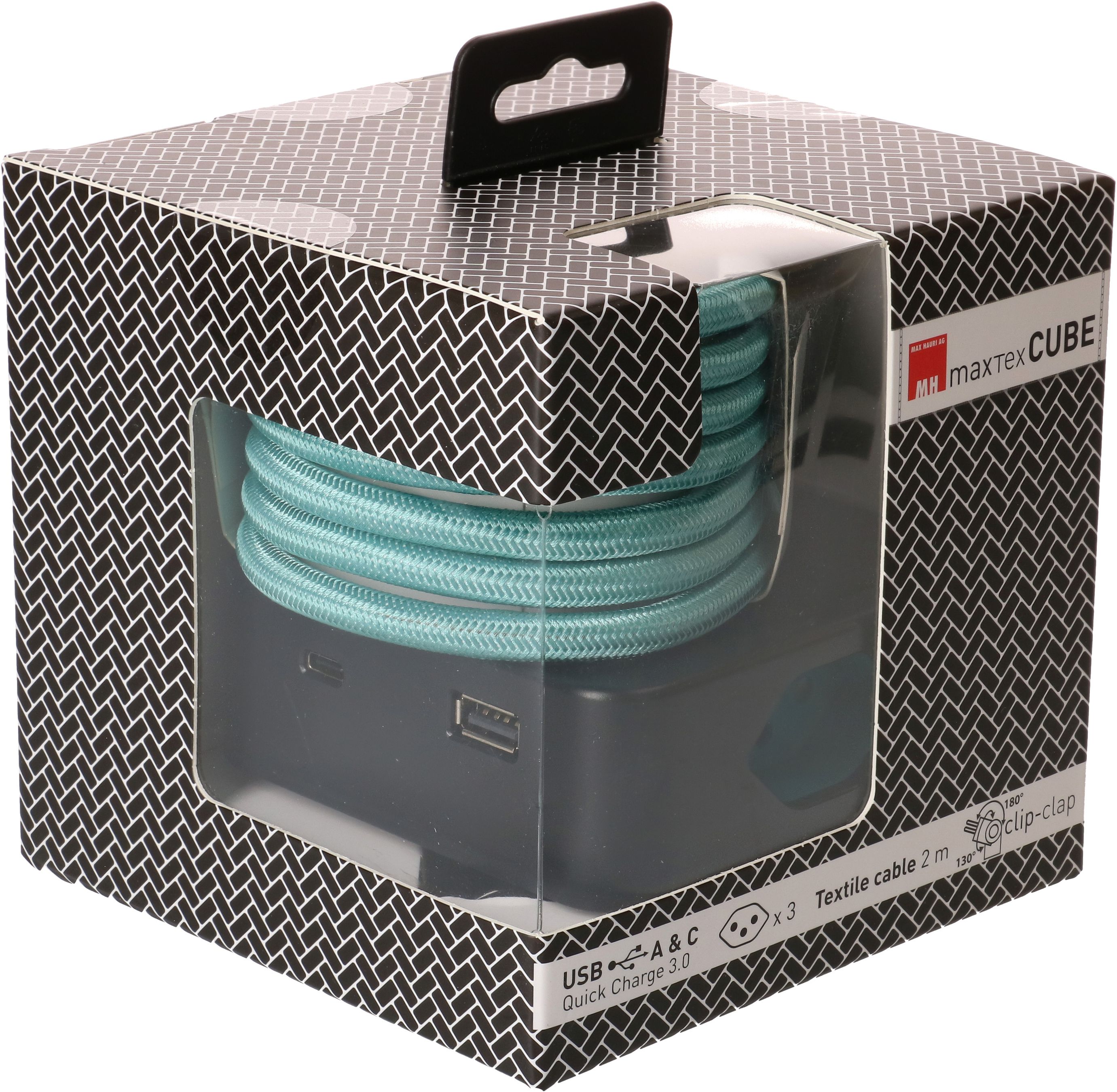 multiprise Cube 3x type 13 noir / turquoise USB 2m clip-clap