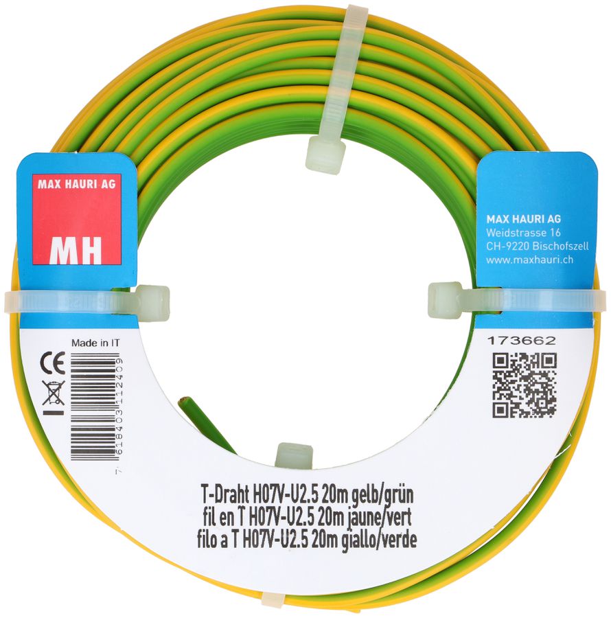 fil en T H07V-U2.5 20m jaune/vert