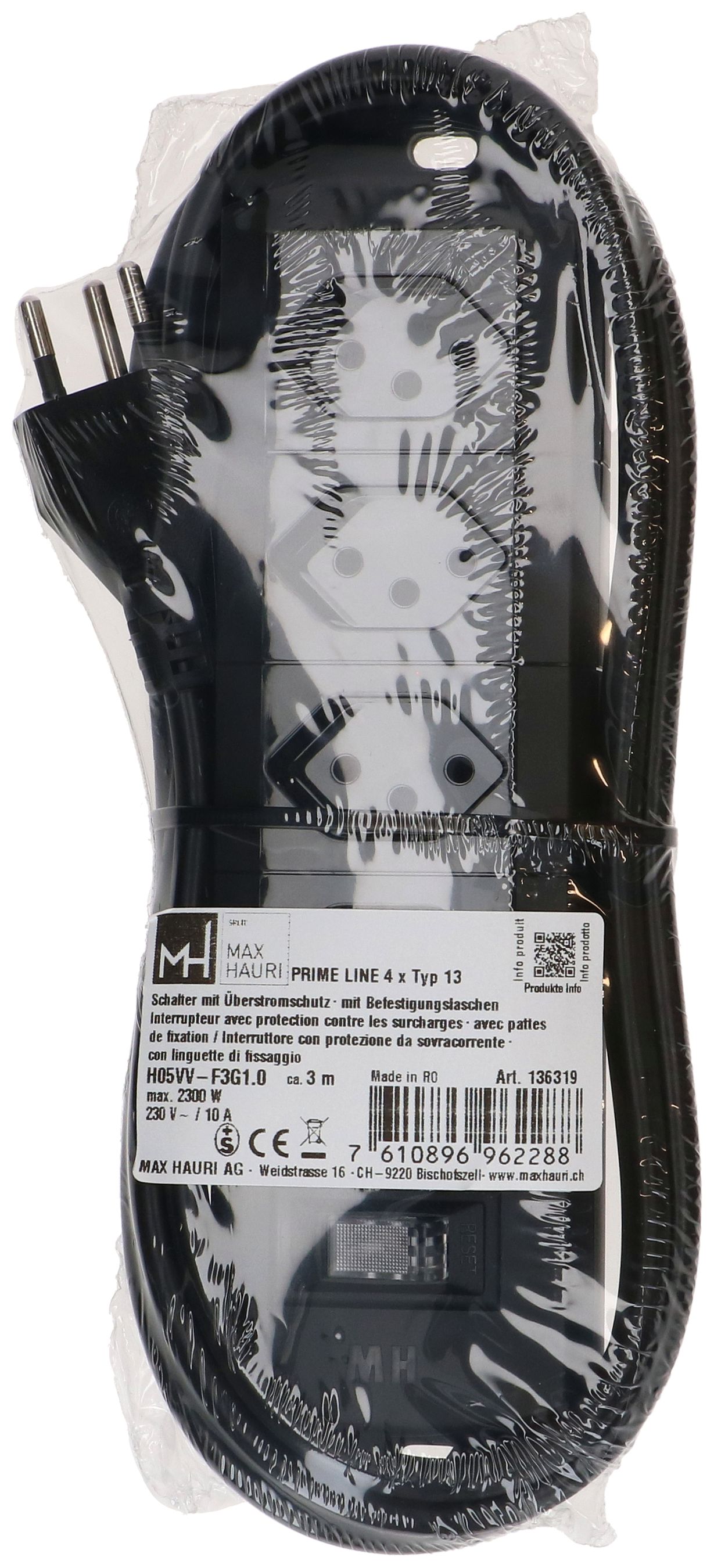 Steckdosenleiste Prime Line 4x Typ 13 schwarz Schalter 3m