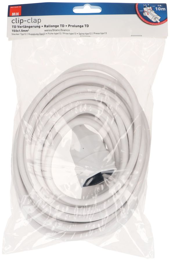 Rallonge TD H05VV-F3G1.5 10m blanc clip-clap type 12/type 13