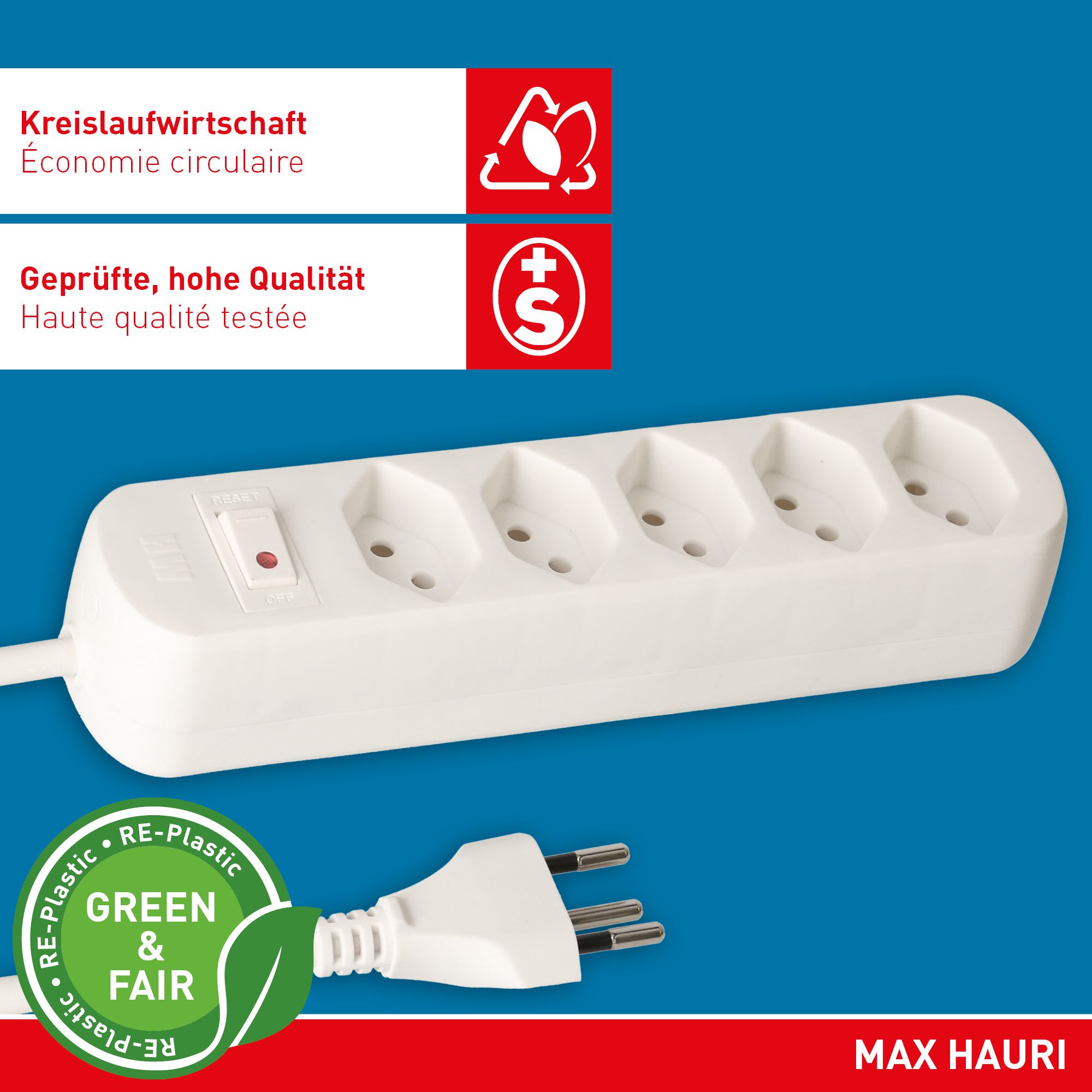 multiprise Basic Line 5x type 13 bc interrupteur 1.5m Green+Fair