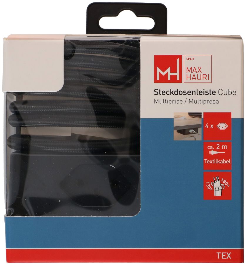 Steckdosenleiste Cube 4x Typ 13 schwarz / schwarz 2m clip-clap