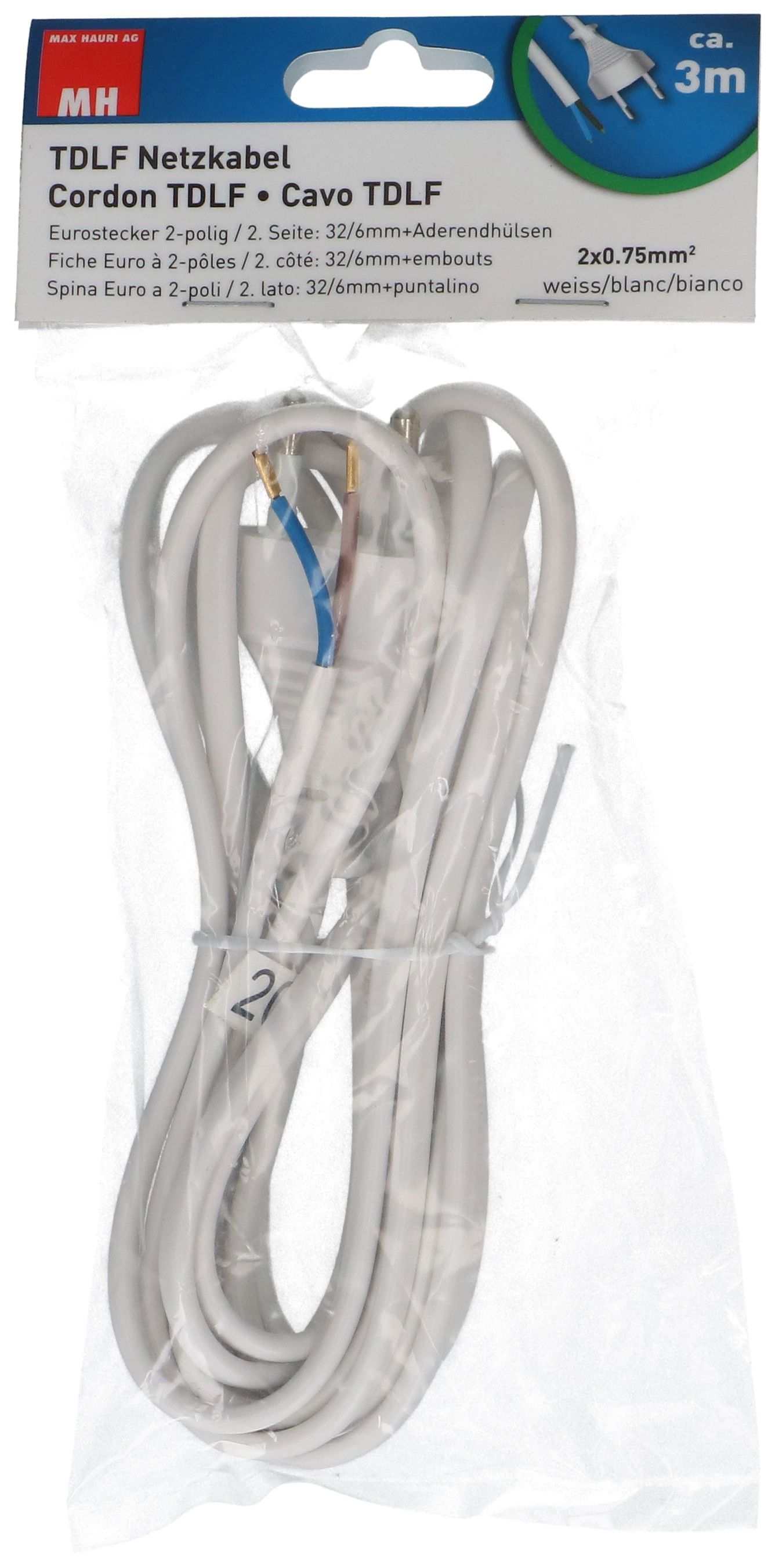 TDLF câble secteur H03VVH2-F2X0.75 3m blanc T26