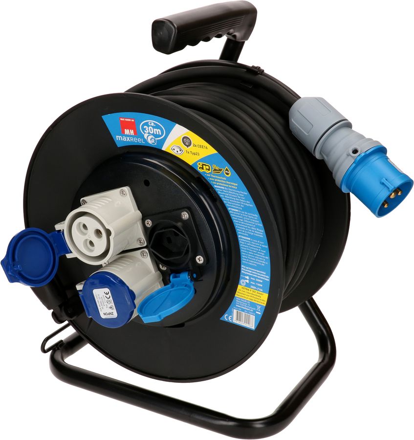 Kabelrolle 2x CEE 3-polig 1x Typ23 schwarz 30m IP44