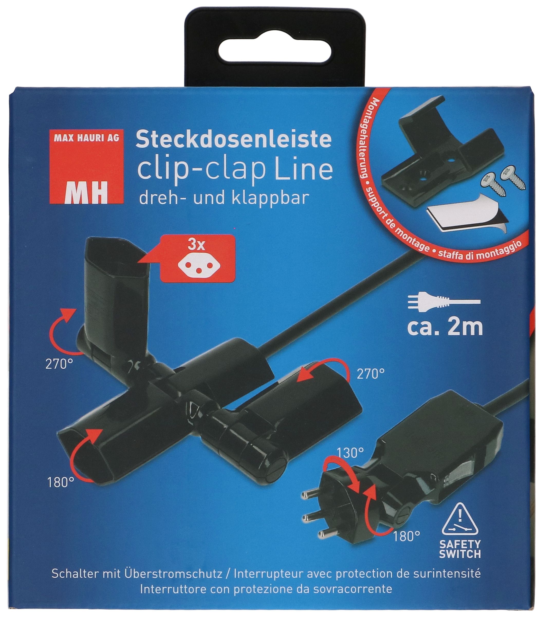 Steckdosenleiste clip-clap Line 3x Typ 13 schwarz Schalter 2m