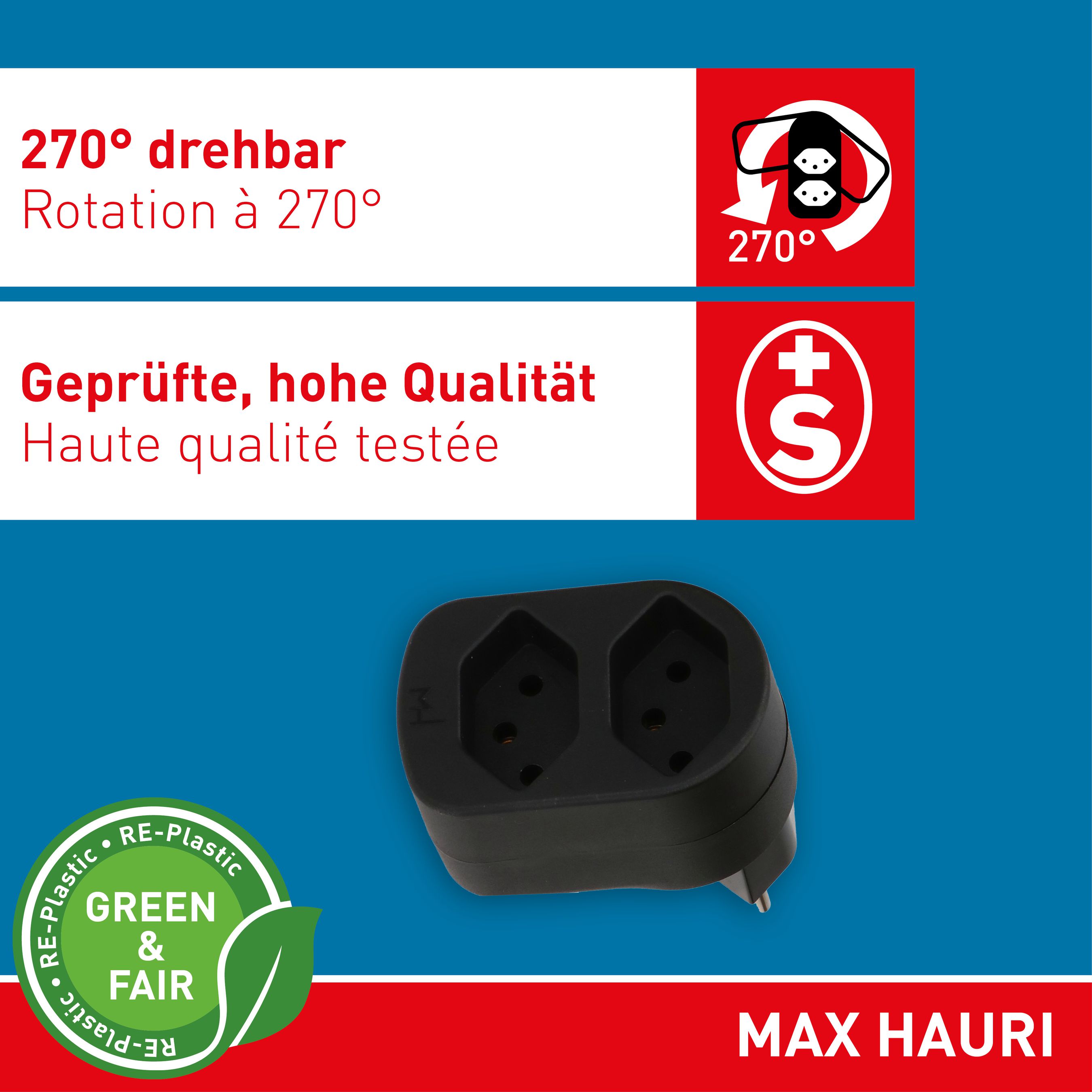 multi adaptateur ADAPT 2x type 13 noir rotatif Green+Fair