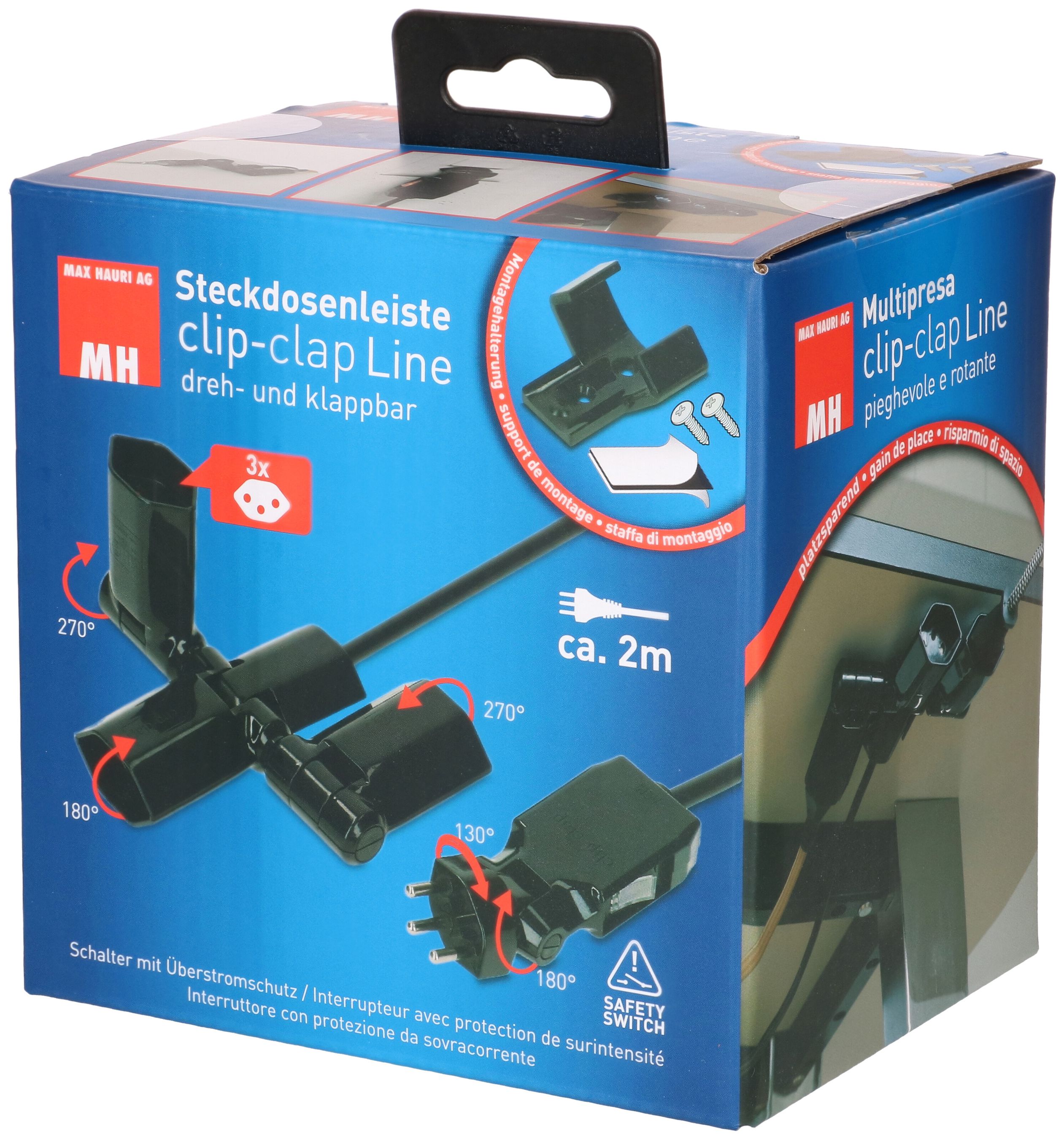 multiprise clip-clap Line 3x type 13 noir interrupteur 2m