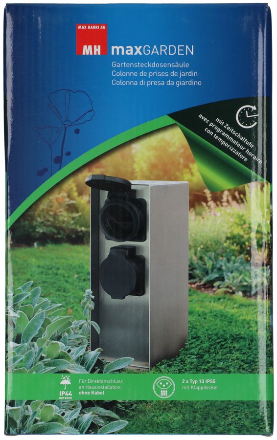 colonne de prises de jardin 2x type 13 IP55 prog. horaire acier
