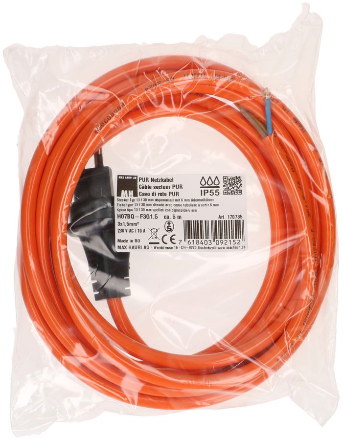 PUR-Netzkabel H07BQ-F3G1.5mm2 5m orange Typ 13 IP55