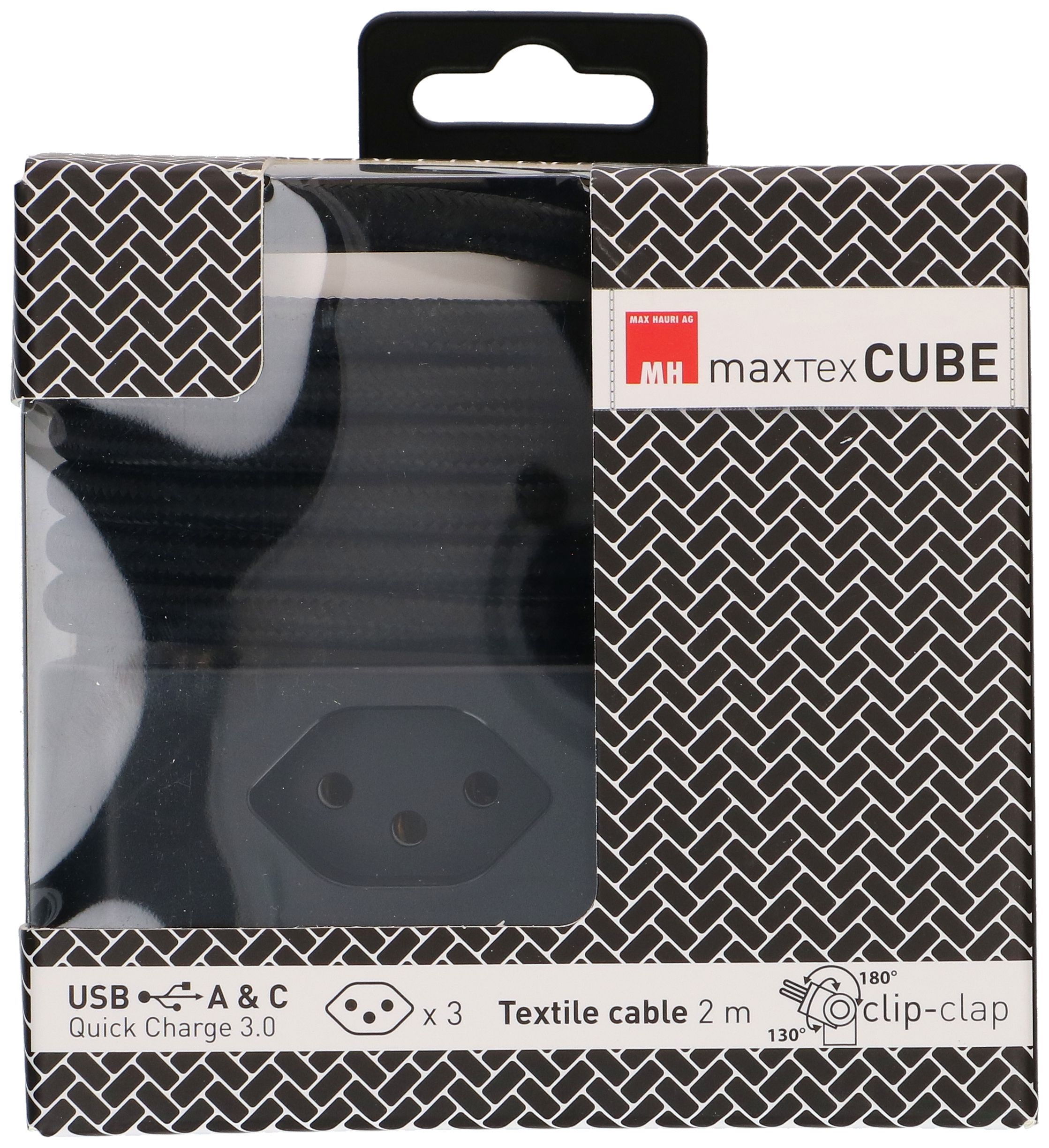 multiprise Cube 3x type 13 noir / noir USB 2m clip-clap