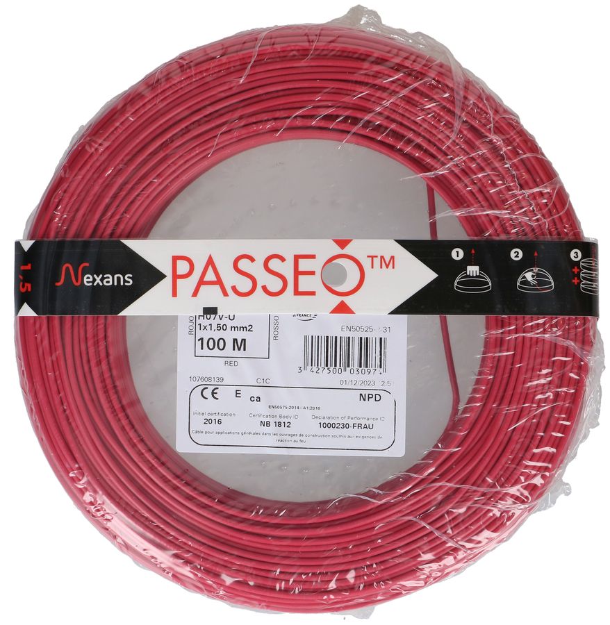 fil en T H07V-U1X1.5 100m rouge