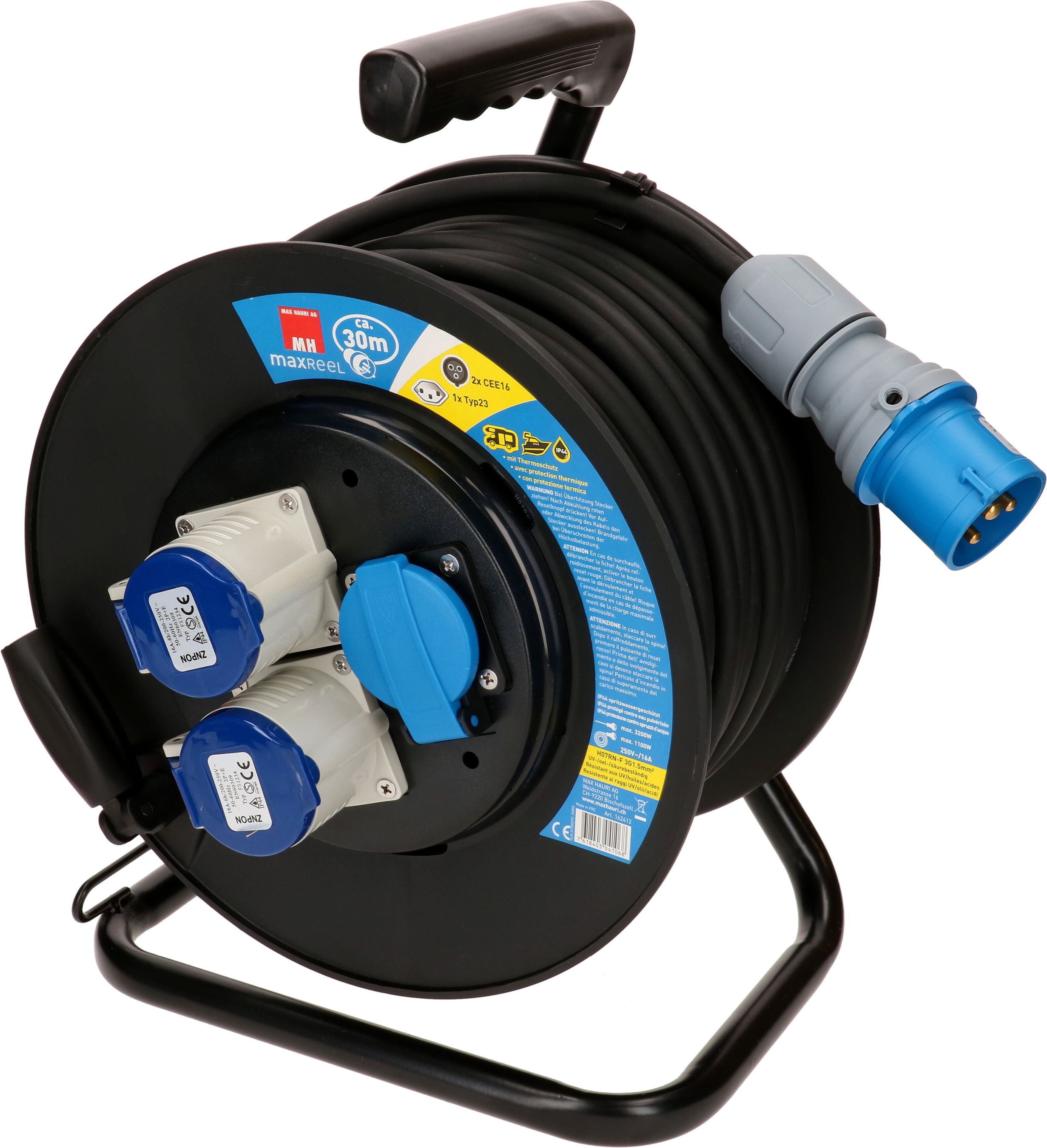 Kabelrolle 2x CEE 3-polig 1x Typ23 schwarz 30m IP44