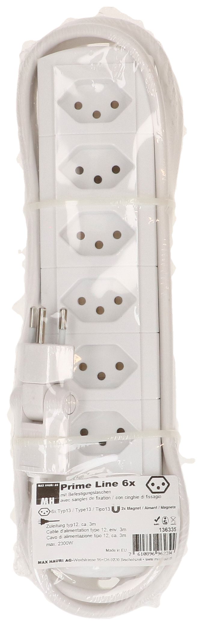 multiprise Prime Line 6x type 13 blanc aimant 3m clip-clap