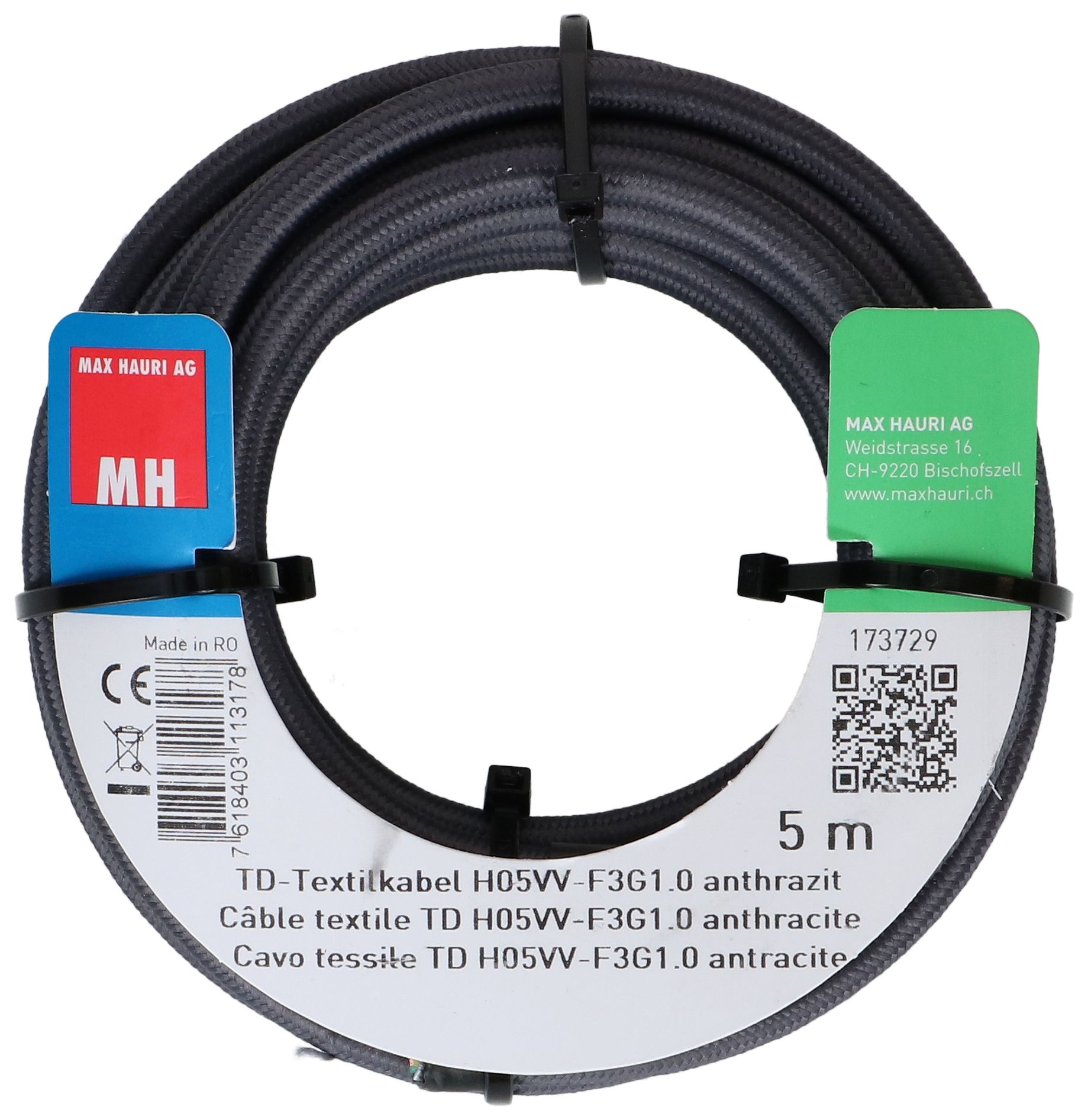 TD-Textilkabel H05VV-F3G1.0 5m anthrazit