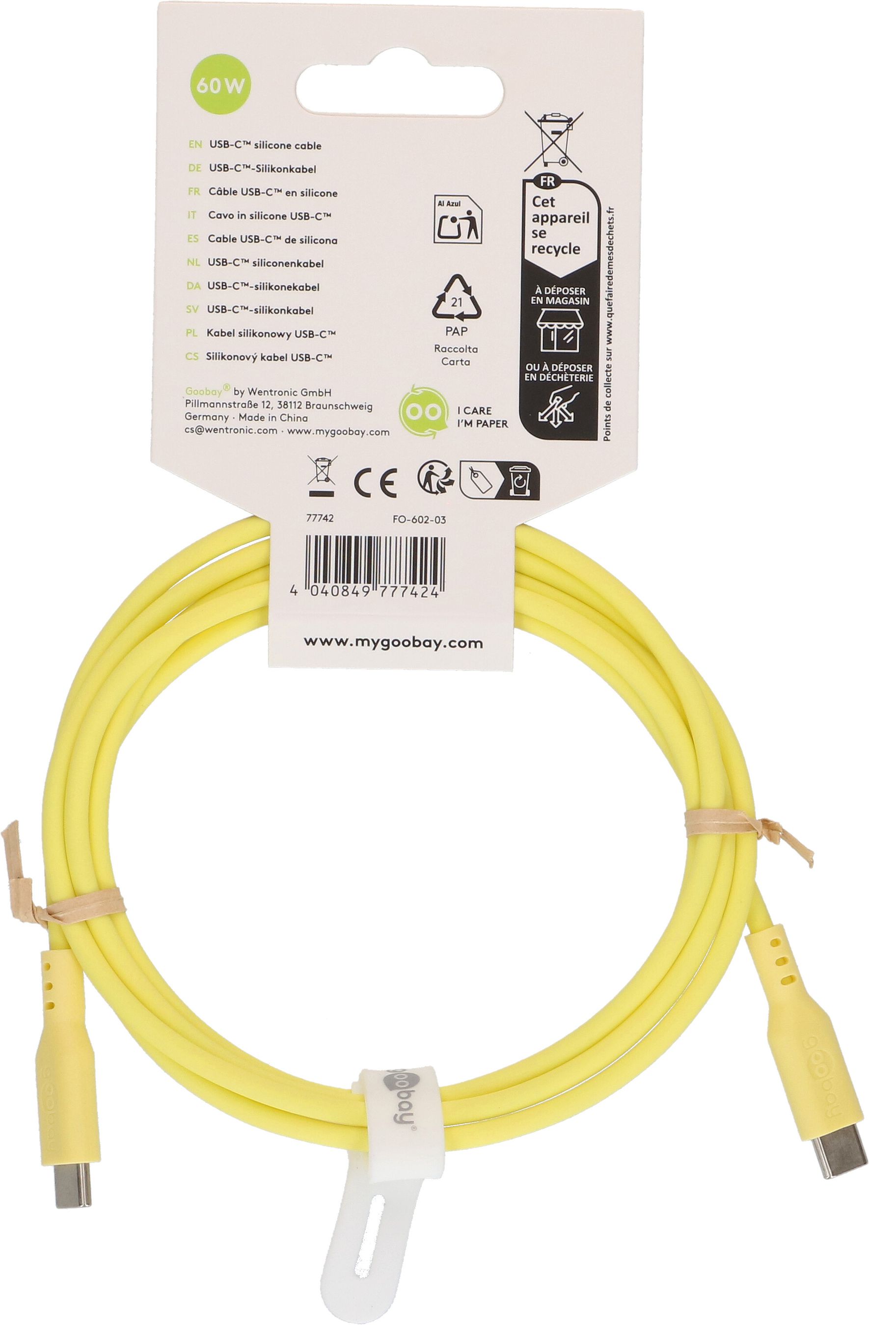 câble de recharge USB-C silicone 1.5m jaune