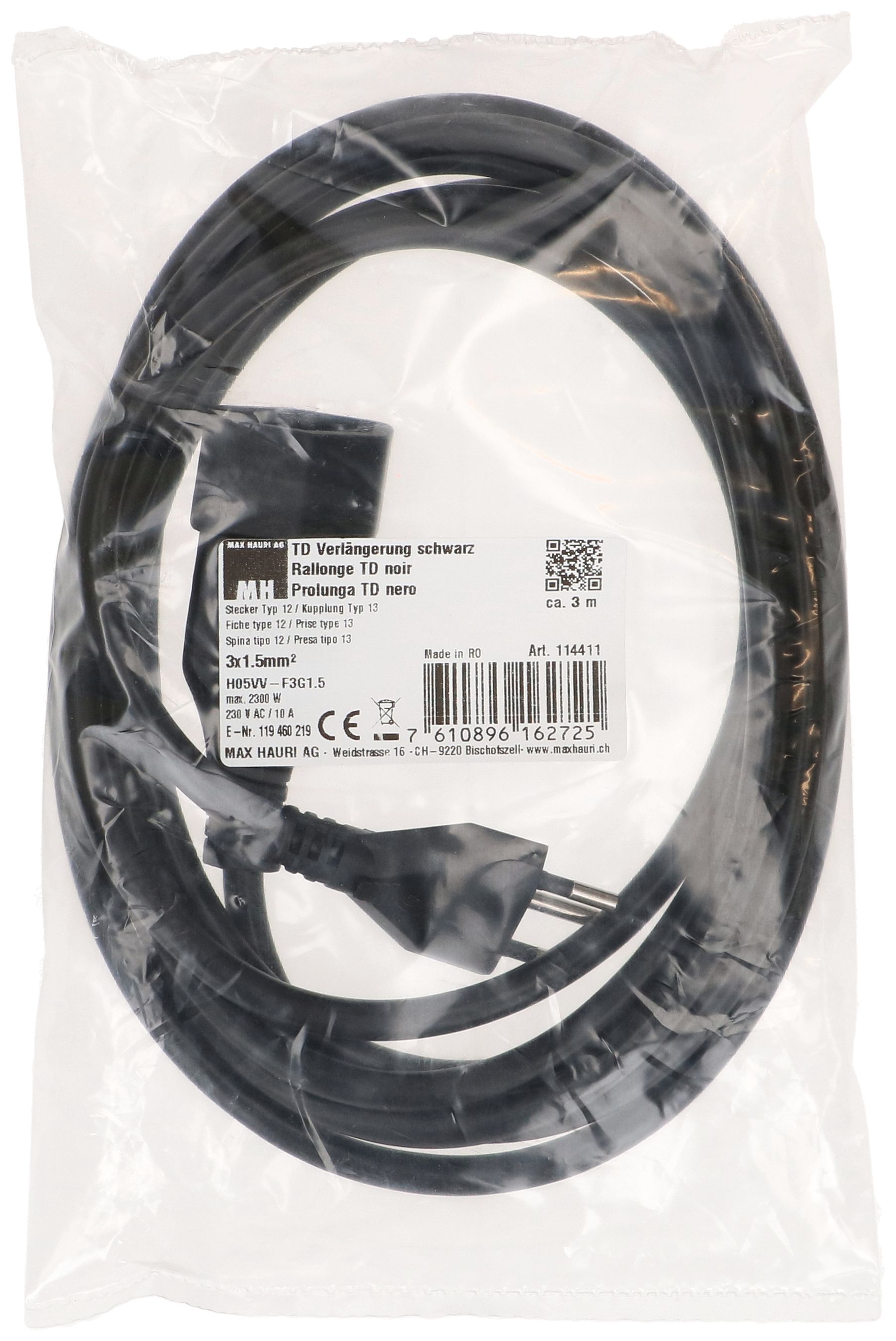 Rallonge TD H05VV-F3G1,5 3m noire type 12 / type 13