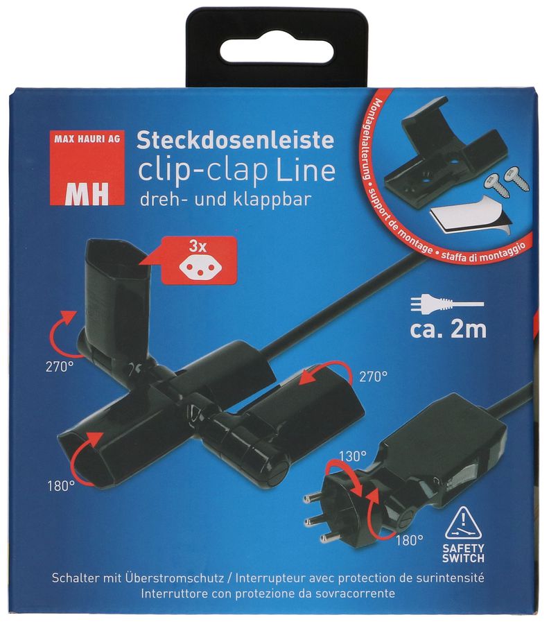 Steckdosenleiste clip-clap Line 3x Typ 13 schwarz Schalter 2m