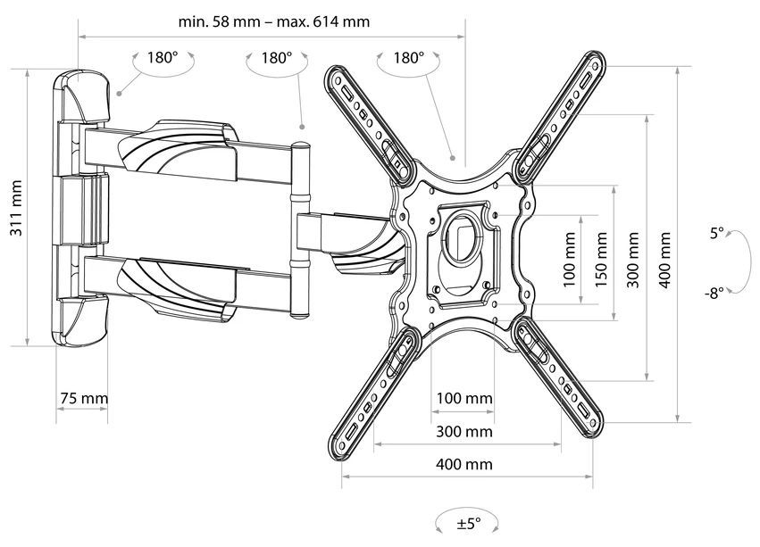 support TV mural MOTION 4 noir jusqu'à 35kg avec 3 articulations