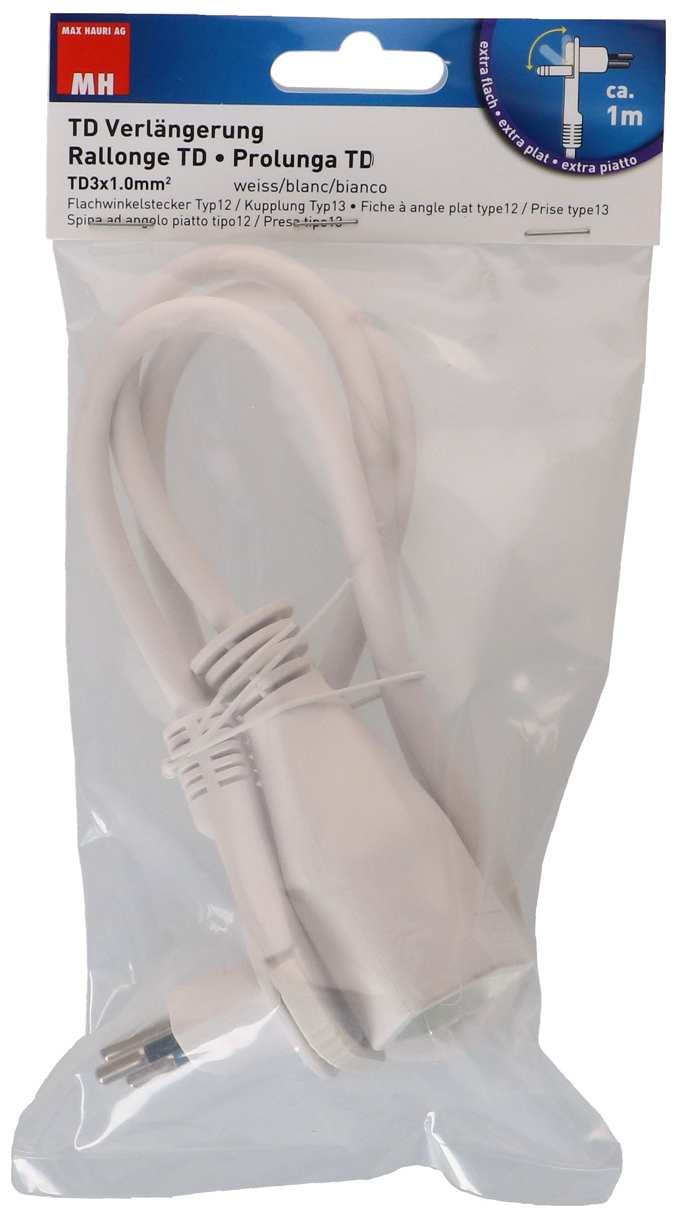 Prolunga TD H05VV-F3G1.0 1m bianco ad angolo piatto tipo 12