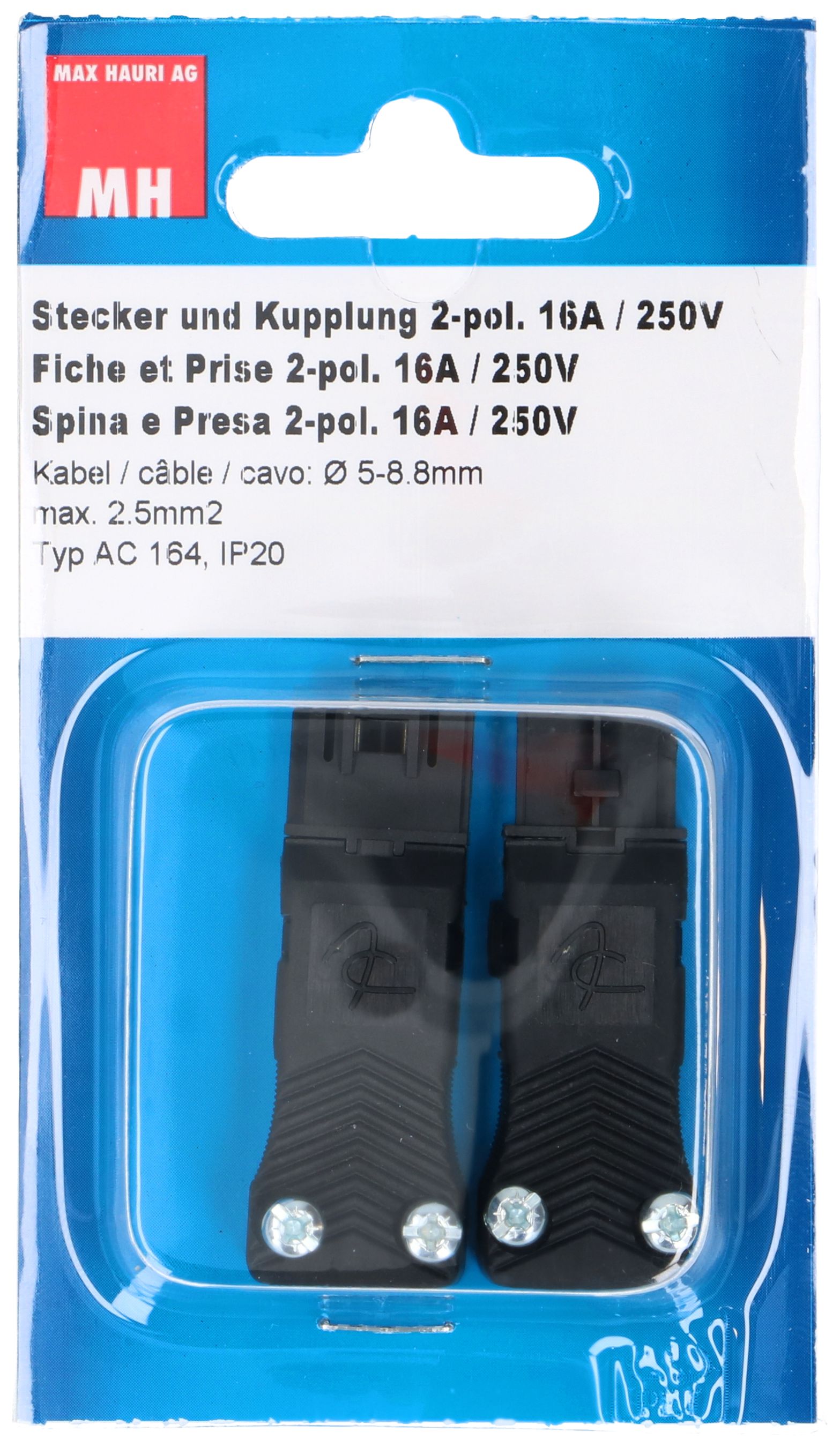 Stecker und Kupplung AC 164 flach 2-pol. 16A/250V IP20