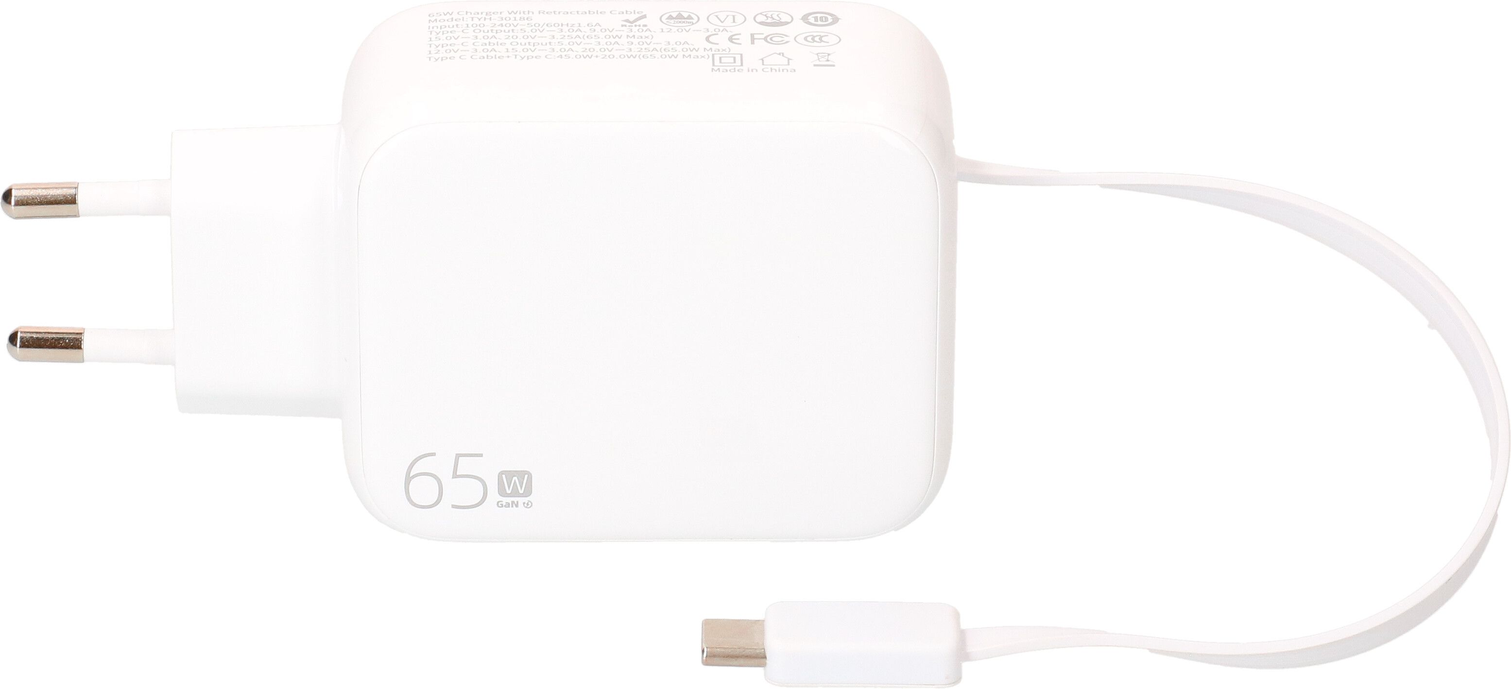 USB Schnellladeadapter GaN 1x USB-C Kabel 1x USB-C PD/QC 65W ws