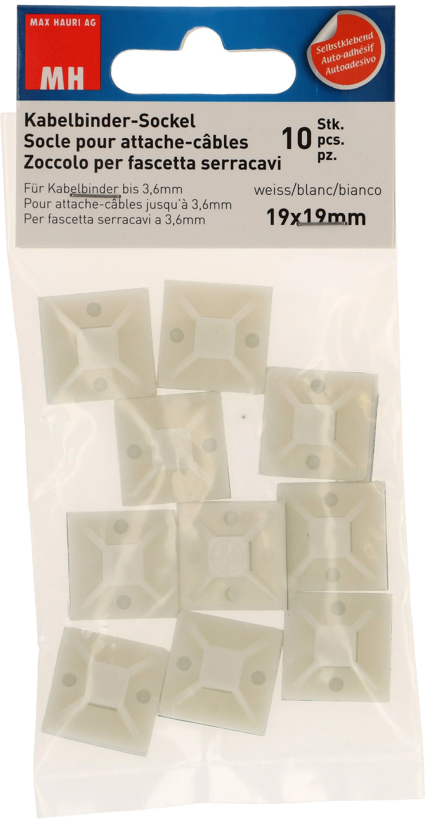 pied pour attache câbles 19X19mm blanc jusqu'à 3.6mm / 10 pièces